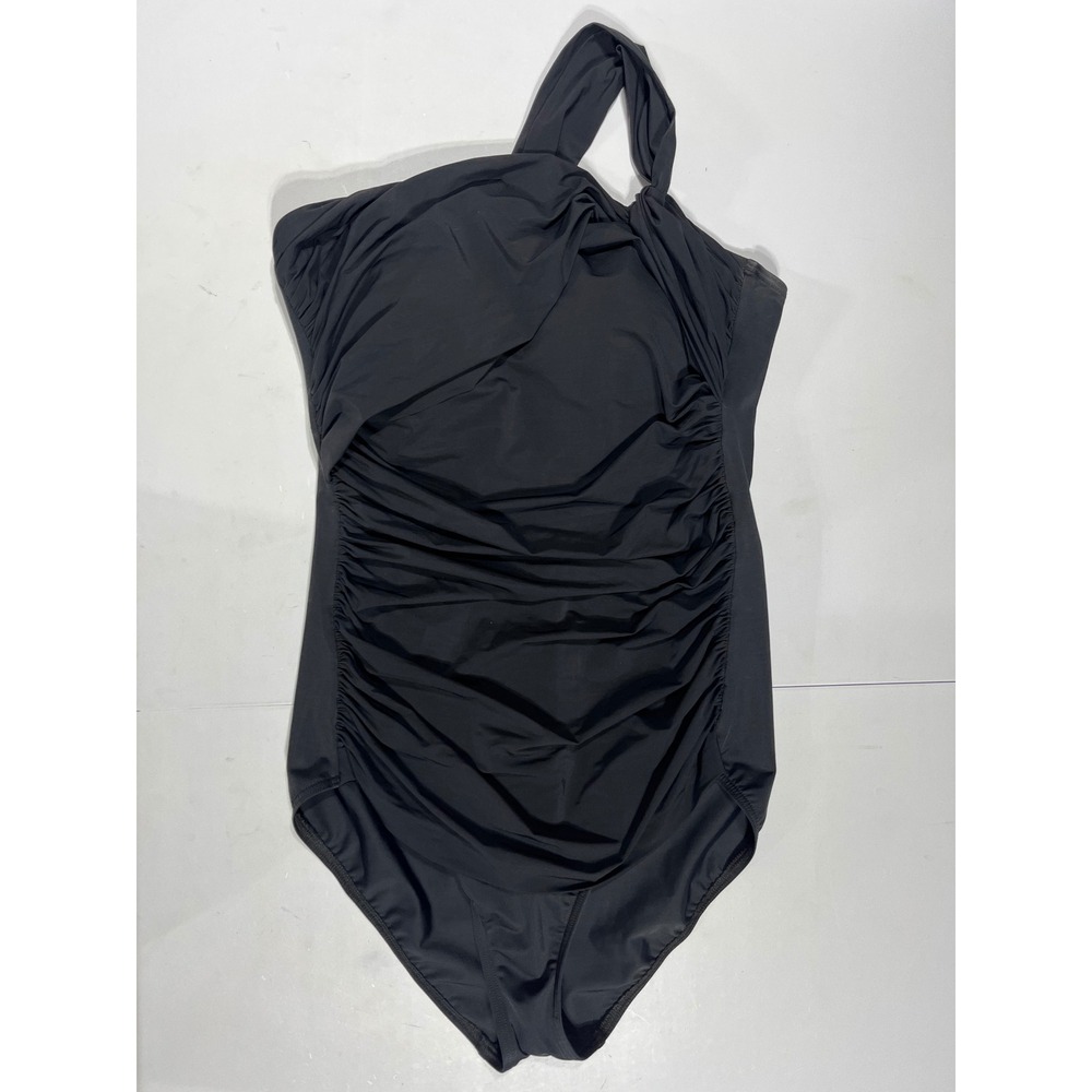Lands End Womens Black One Shoulder Ruched One Piece Swimsuit Size 16 Slimming